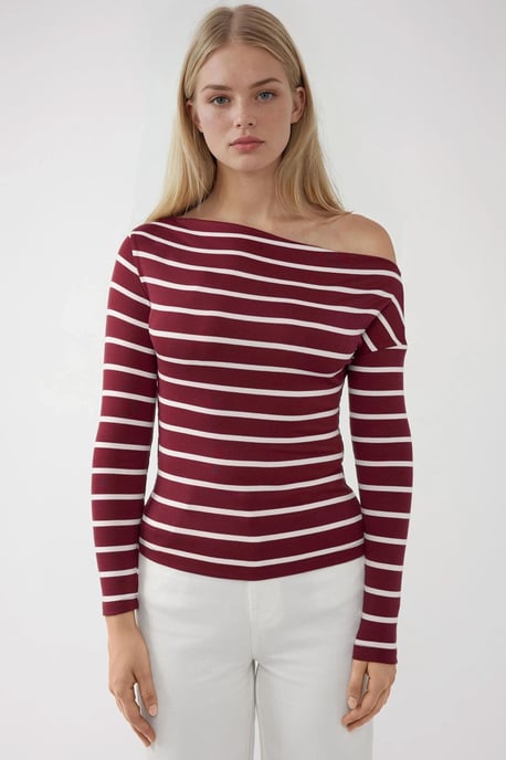 Gestreiftes Off-Shoulder Langarm-Rippstrickoberteil - Image 2
