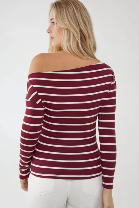 Gestreiftes Off-Shoulder Langarm-Rippstrickoberteil - Image 4