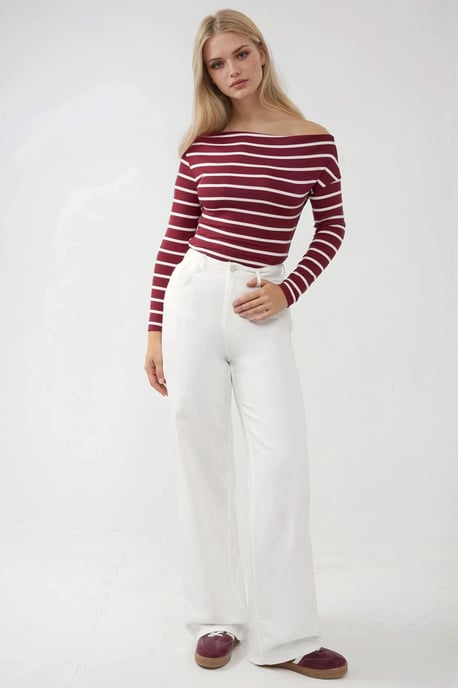 Gestreiftes Off-Shoulder Langarm-Rippstrickoberteil - Image 5