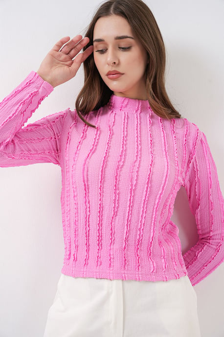 Strukturierte Slim-Fit Halbhochkragenbluse - Image 2