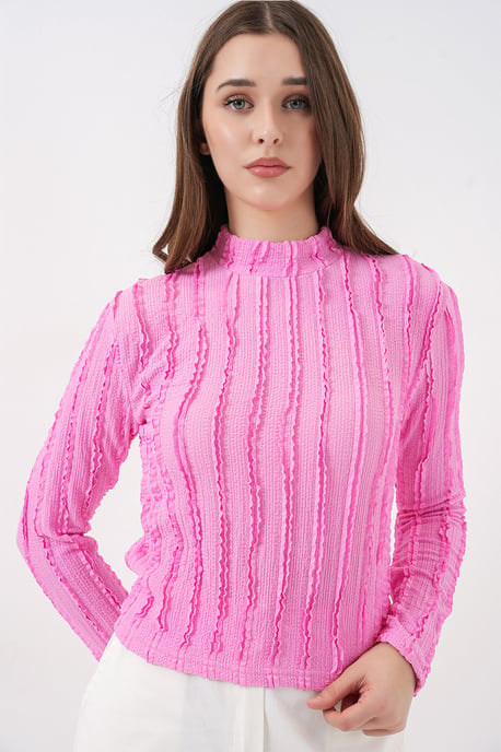 Strukturierte Slim-Fit Halbhochkragenbluse - Image 3