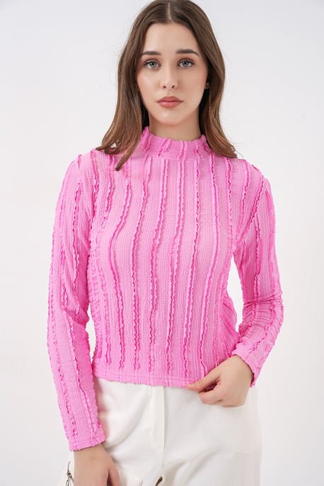 Strukturierte Slim-Fit Halbhochkragenbluse - Image 4