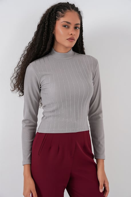 Gestreifter Halbturtleneck Langarm-Top mit Stein-Detail - Image 2