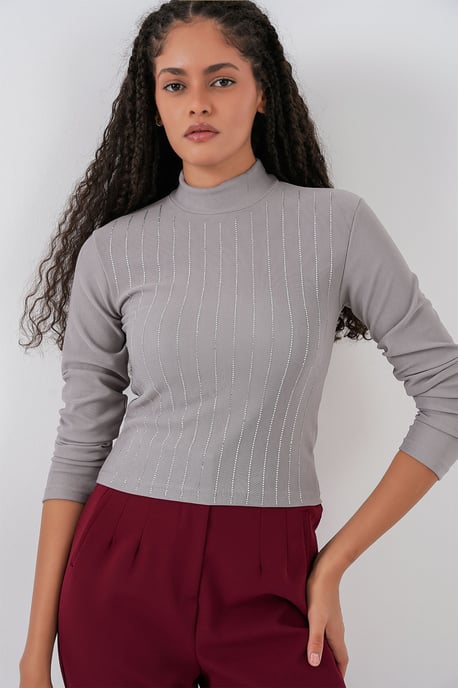 Gestreifter Halbturtleneck Langarm-Top mit Stein-Detail - Image 3
