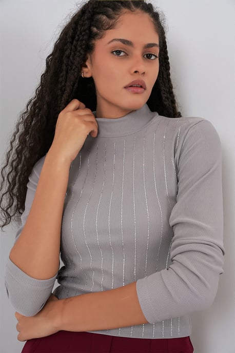 Gestreifter Halbturtleneck Langarm-Top mit Stein-Detail - Image 4