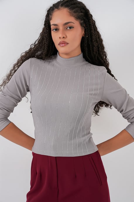 Gestreifter Halbturtleneck Langarm-Top mit Stein-Detail - Image 5