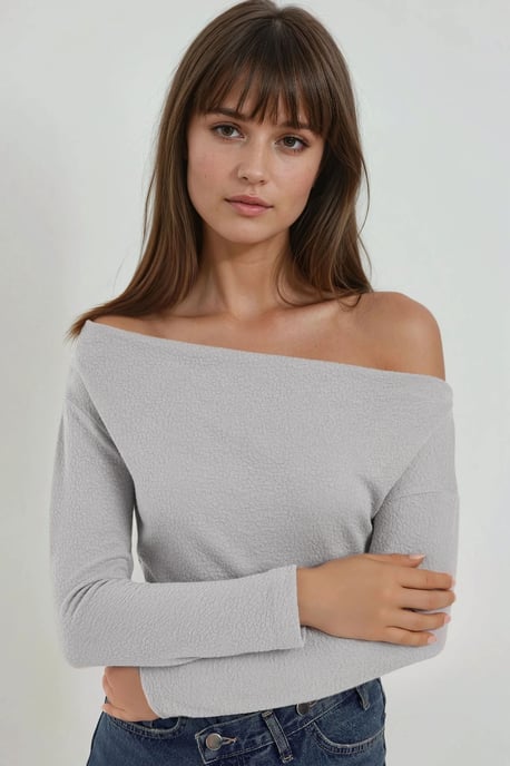 Gestreiftes Off-Shoulder Langarm-Rippstrickoberteil - Image 2