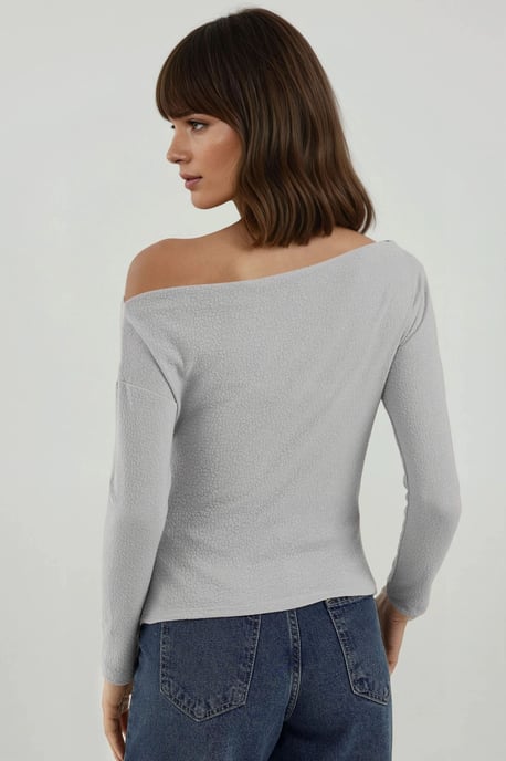 Gestreiftes Off-Shoulder Langarm-Rippstrickoberteil - Image 4