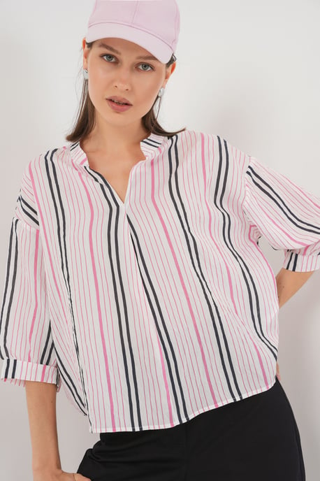 gestreifte V-Ausschnitt Bluse - Image 1