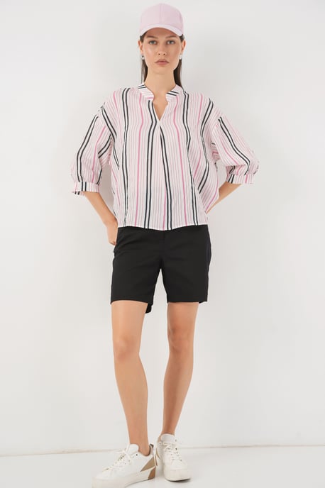 gestreifte V-Ausschnitt Bluse - Image 2