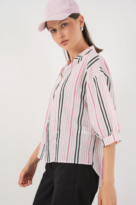 gestreifte V-Ausschnitt Bluse - Image 3