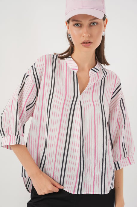 gestreifte V-Ausschnitt Bluse - Image 4