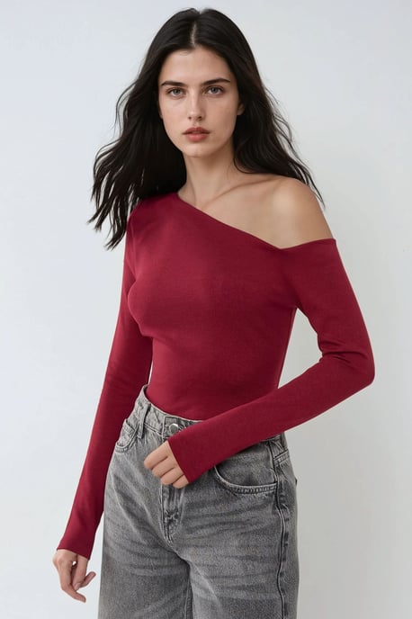 Asymmetrisches Hals Langarm Slim Fit Oberteil - Image 1