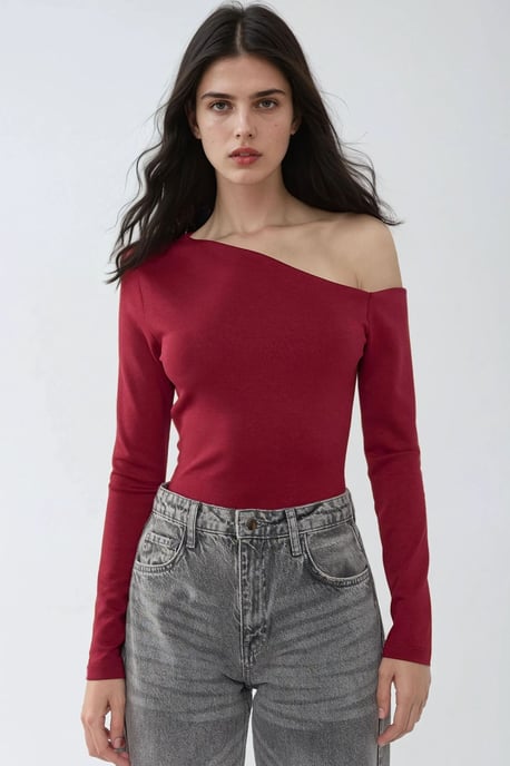 Asymmetrisches Hals Langarm Slim Fit Oberteil - Image 2