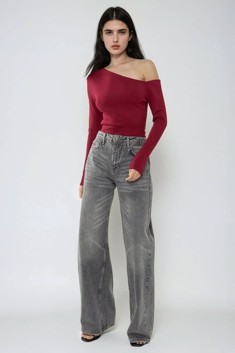 Asymmetrisches Hals Langarm Slim Fit Oberteil - Image 3