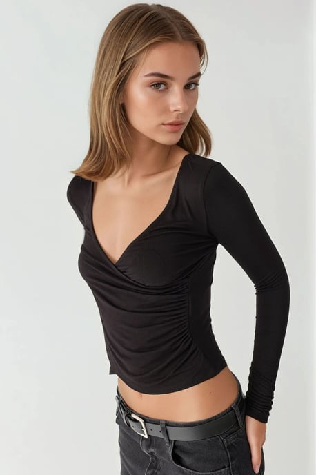 Slim Fit Soft Touch V-Ausschnitt Langarmtop - Image 2
