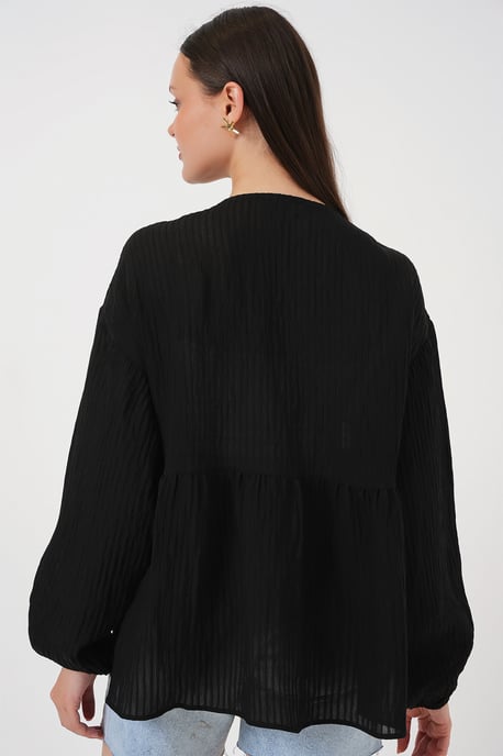 Strukturierte Seersucker V-Ausschnitt-Bluse mit Schleife - Image 5