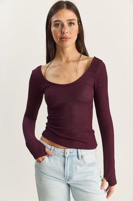 Slim Fit Langarm Bluse mit U-Ausschnitt - Image 1