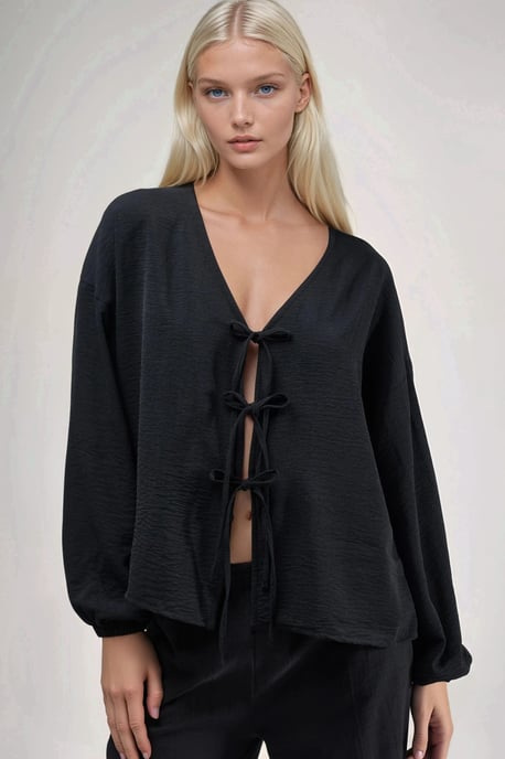 Übergroße V-Ausschnitt Bluse mit Bindeband - Image 1