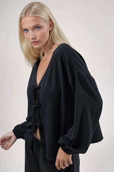 Übergroße V-Ausschnitt Bluse mit Bindeband - Image 4
