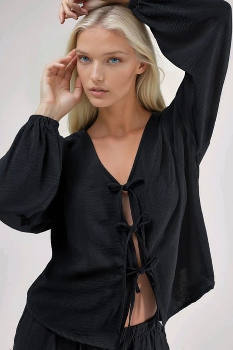 Übergroße V-Ausschnitt Bluse mit Bindeband - Image 5