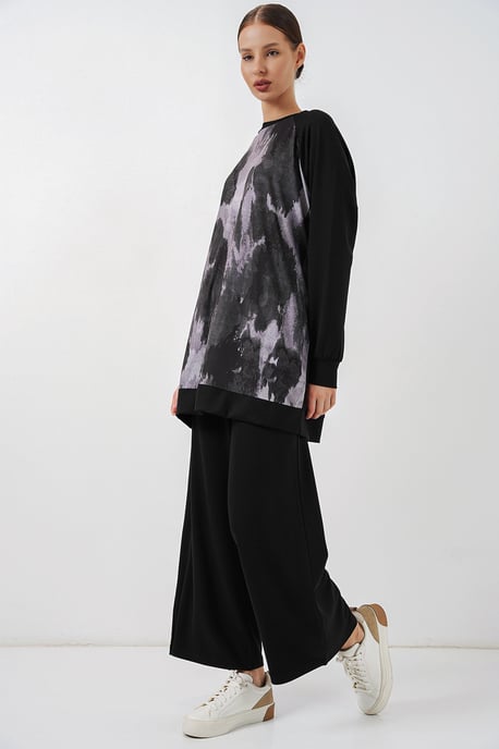 Oversize Abstrakter Druck Rundhals-Tunika & Hose Set - Image 3
