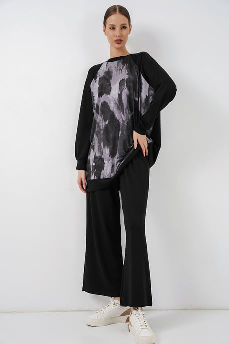 Oversize Abstrakter Druck Rundhals-Tunika & Hose Set - Image 4