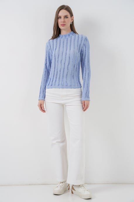 Strukturierte Slim-Fit Halbhochkragenbluse - Image 2