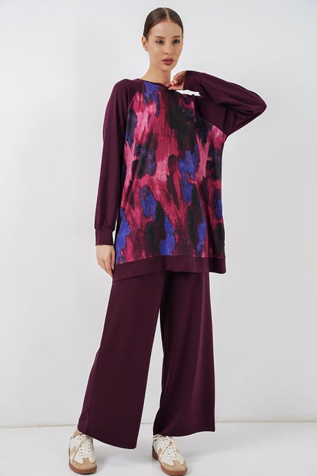 Oversize-Abstract-Druck Rundhals-Tunika & Hosen-Set - Image 1