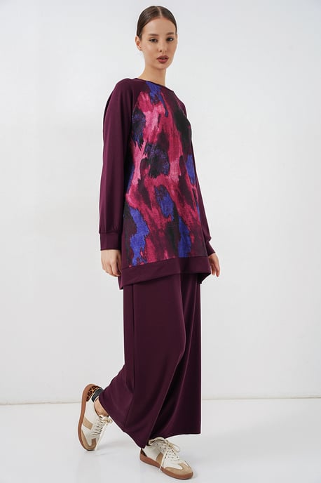 Oversize-Abstract-Druck Rundhals-Tunika & Hosen-Set - Image 3