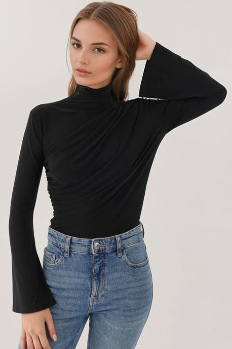 Drapierter halber Rollkragen Langarm Slim Fit Oberteil - Image 3