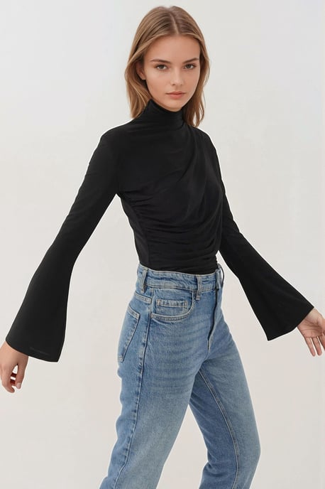 Drapierter halber Rollkragen Langarm Slim Fit Oberteil - Image 5