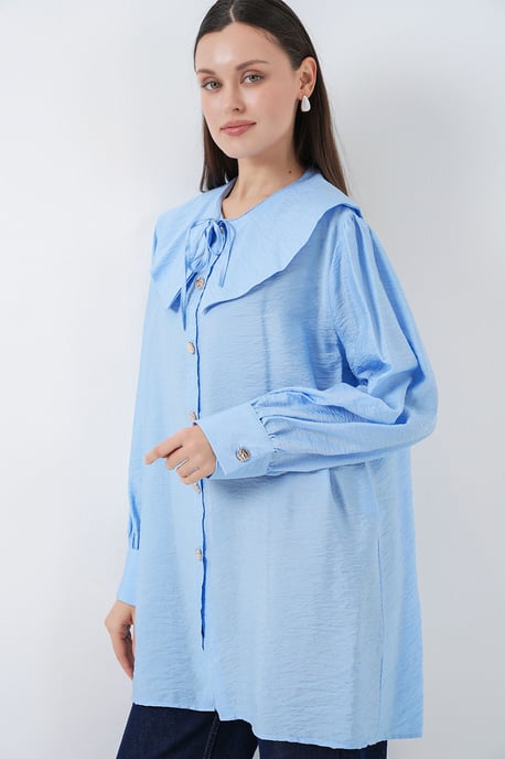 Lange lockere Bluse mit Baby-Kragen und Schleifendetail - Image 3
