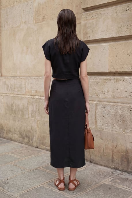 Leinenmix Cropped Bluse & Midi-Rock mit Accessoires im Zweiteiler-Set - Image 3