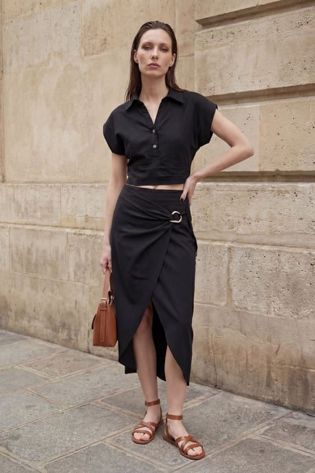 Leinenmix Cropped Bluse & Midi-Rock mit Accessoires im Zweiteiler-Set - Image 5