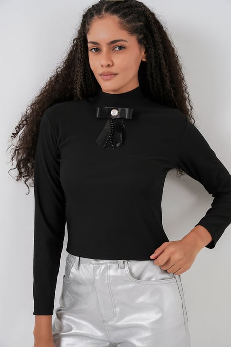 Figurbetontes Langarm-Halbkragenbluse mit Schleifendetail - Image 1