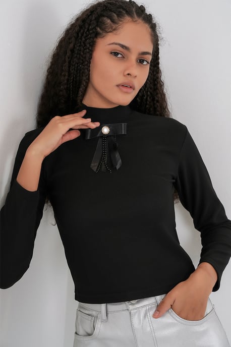 Figurbetontes Langarm-Halbkragenbluse mit Schleifendetail - Image 3