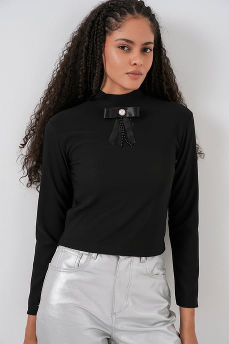 Figurbetontes Langarm-Halbkragenbluse mit Schleifendetail - Image 4