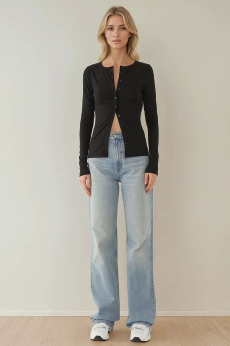 Crew Neck Knopf-Front Rippenstrick Langarmkarteigan Oberteil - Image 3