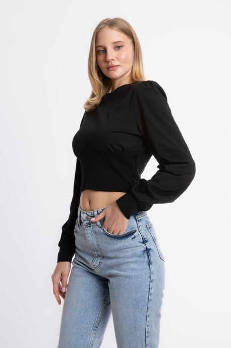 Rundhals Detailliertes Langarm Cropped Top - Image 2