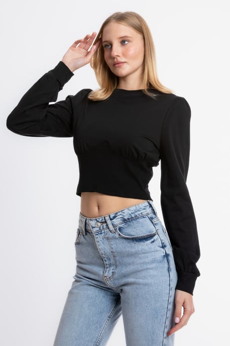 Rundhals Detailliertes Langarm Cropped Top - Image 3