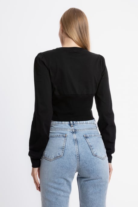 Rundhals Detailliertes Langarm Cropped Top - Image 4