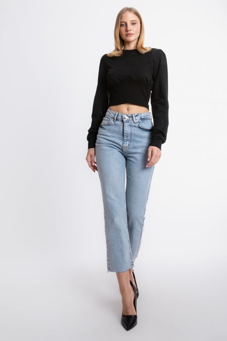 Rundhals Detailliertes Langarm Cropped Top - Image 5