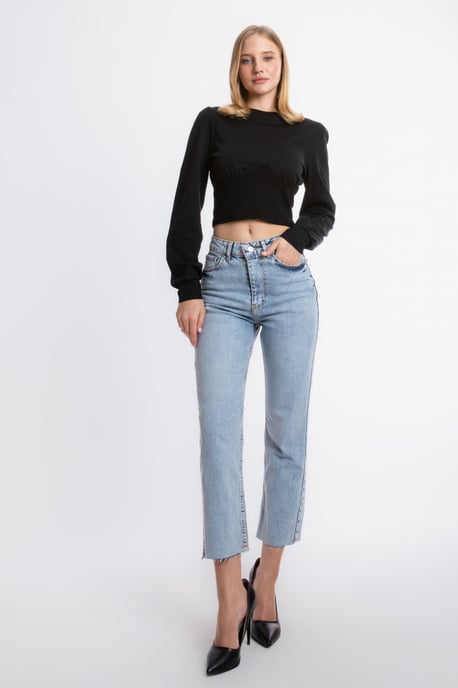Rundhals Detailliertes Langarm Cropped Top - Image 6