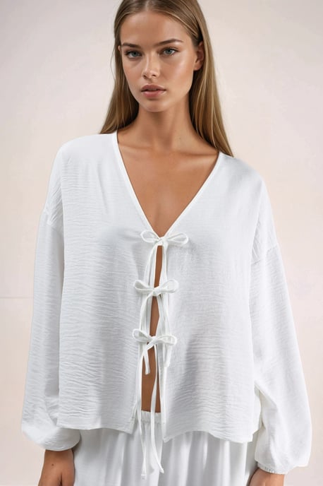 Oversized V-Ausschnitt Bluse mit Bindeband - Image 1