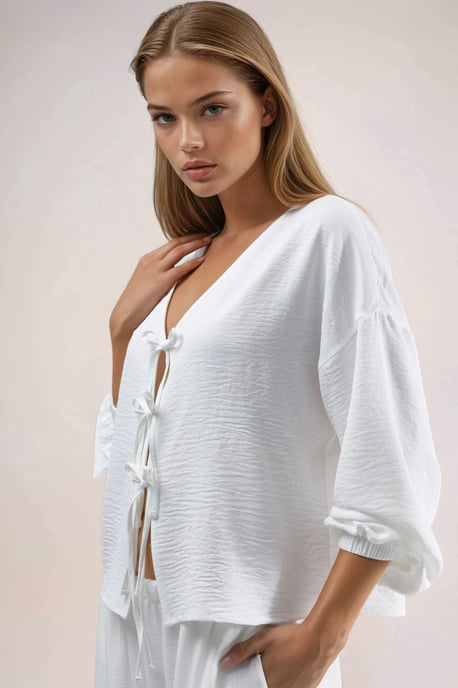 Oversized V-Ausschnitt Bluse mit Bindeband - Image 2