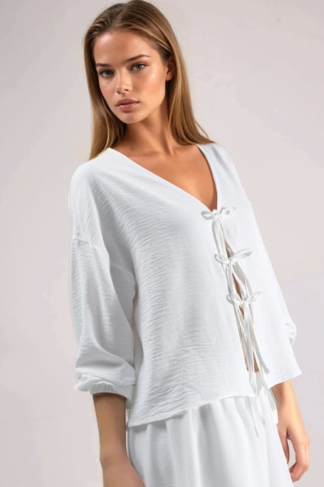 Oversized V-Ausschnitt Bluse mit Bindeband - Image 4