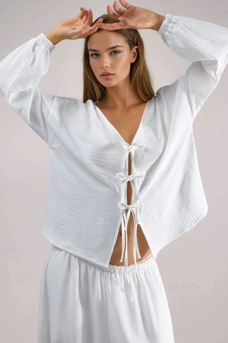Oversized V-Ausschnitt Bluse mit Bindeband - Image 5
