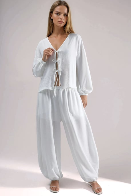 Oversized V-Ausschnitt Bluse mit Bindeband - Image 6