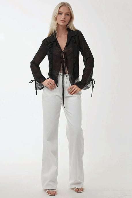 V-Ausschnitt Bluse mit Schleifen-Detail und Rüschen mit langen Ärmeln - Image 3